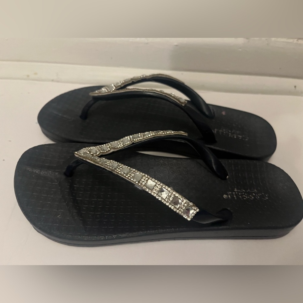Black Flip Flops with Rhinestone Straps